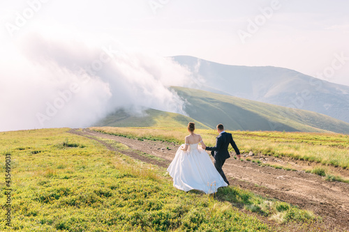 the bride and groom are walking in the summer in the field against the background of the sky and mountains, holding hands.