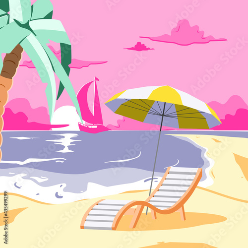 Chair and Palm on tropical beach near the sea shore. Summer Travel and Summer Vacation Postcard. Pink sunset on the sandy beach landscape vector illustration.