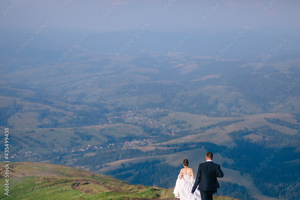 The bride and groom are walking in the field along the path. wedding day in the mountains. Back view.