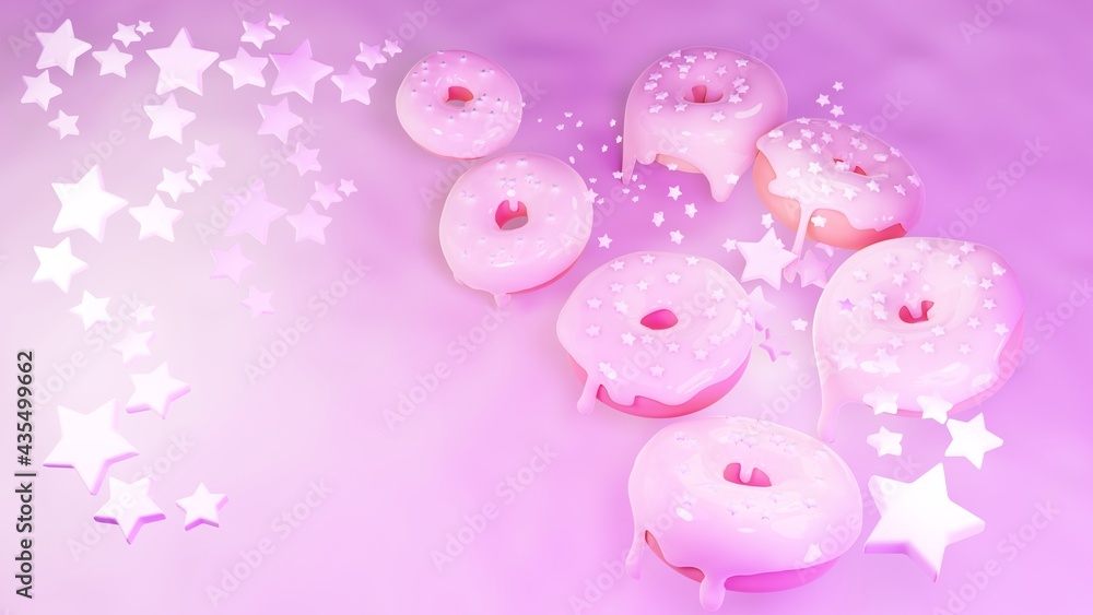 Glazed donuts and stars. Cartoon wallpaper. Colored stylized donuts. Background. 3d rendering