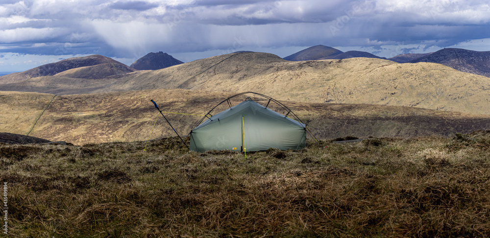Wild camping tents in the Mourne Mountains, Mourne and Slieve Croob area of outstanding natural beauty, Western mournes, County Down, Northern Ireland