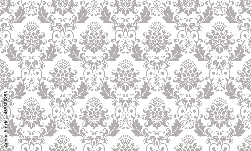 Floral pattern. Vintage wallpaper in the Baroque style. Seamless vector background. White and gray ornament for fabric, wallpaper, packaging. Ornate Damask flower ornament.