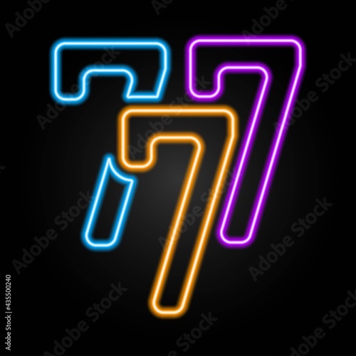 777 neon sign, modern glowing banner design, colorful modern design trends on black background. Vector illustration.