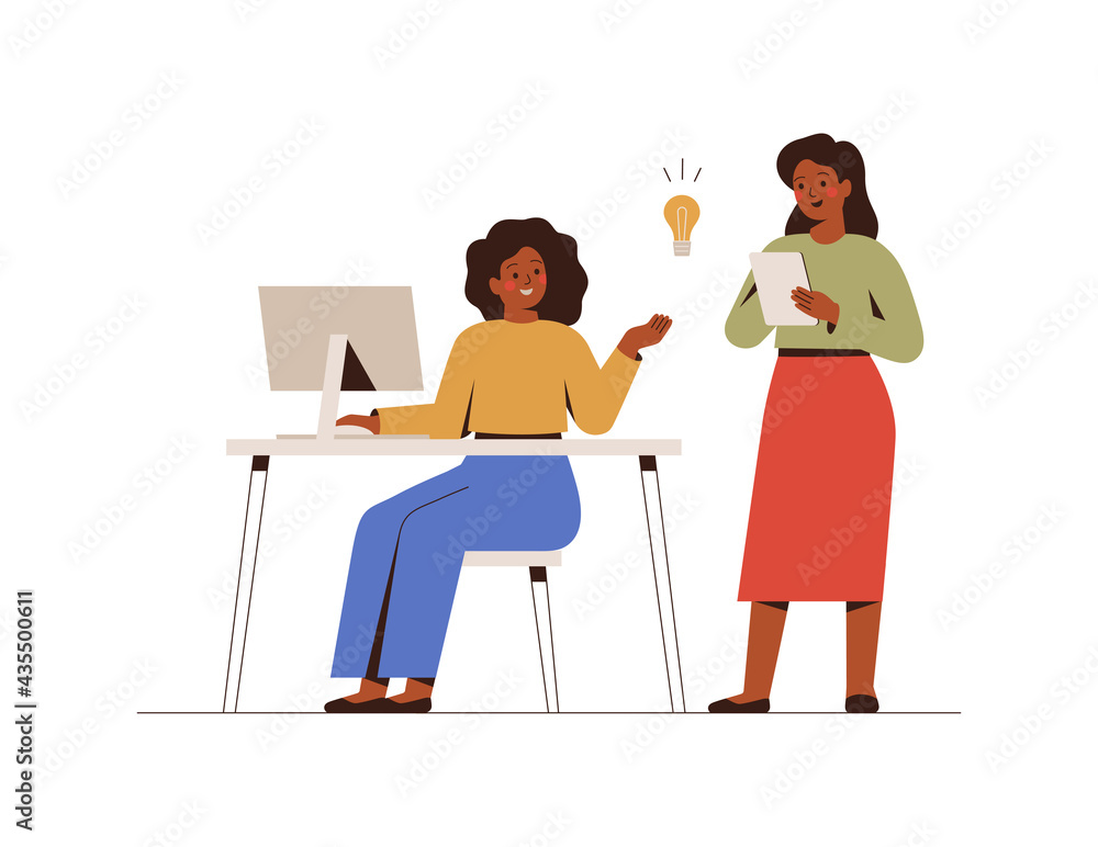 Businesswomen work together on a project in the office. Colleagues share their ideas with each other. Female entrepreneurs during brainstorming. Effective and productive teamwork. Vector illustration