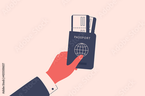 Male hand holds a passport with the boarding pass or flight ticket. Man gives the document allowing to travel. Passport control concept. Vector illustration
