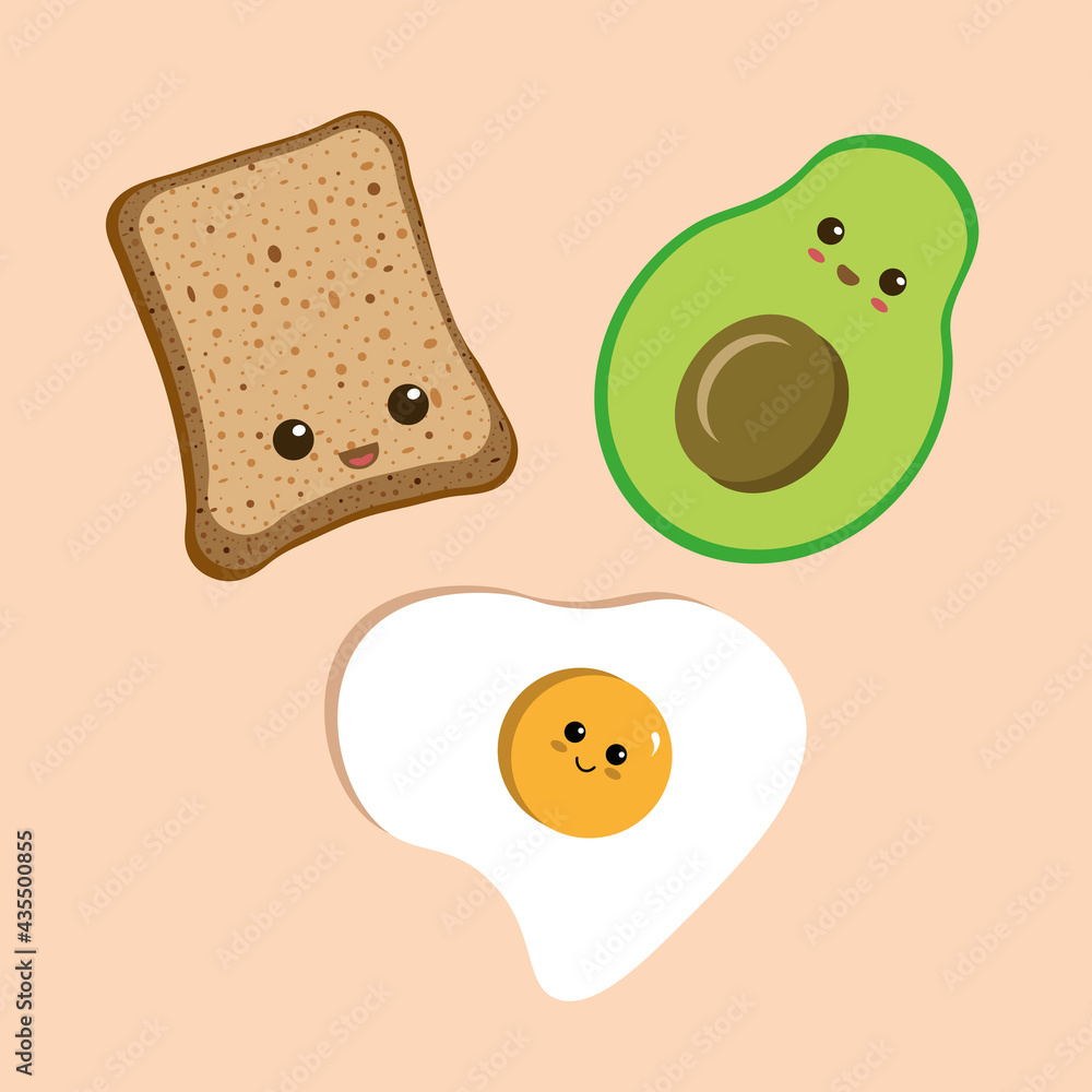 Bread with egg and avocado romantic moment. Cute mascot character. Kawaii bread vector illustration isolated on yellow background. Funny breakfast story. Bread with egg and avocado romantic moment. Cute mascot character. Kawaii bread vector illustration isolated on yellow background. Funny breakfast story.