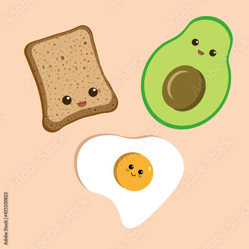 Bread with egg and avocado romantic moment. Cute mascot character. Kawaii bread vector illustration isolated on yellow background. Funny breakfast story.
