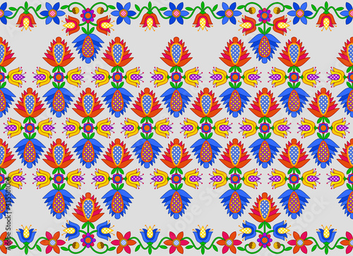 Bright floral ornament on a gray background in folk style. Seamless patterns.