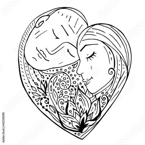 tattoo outline in the black color of the face of lovers united in a heart and a flame