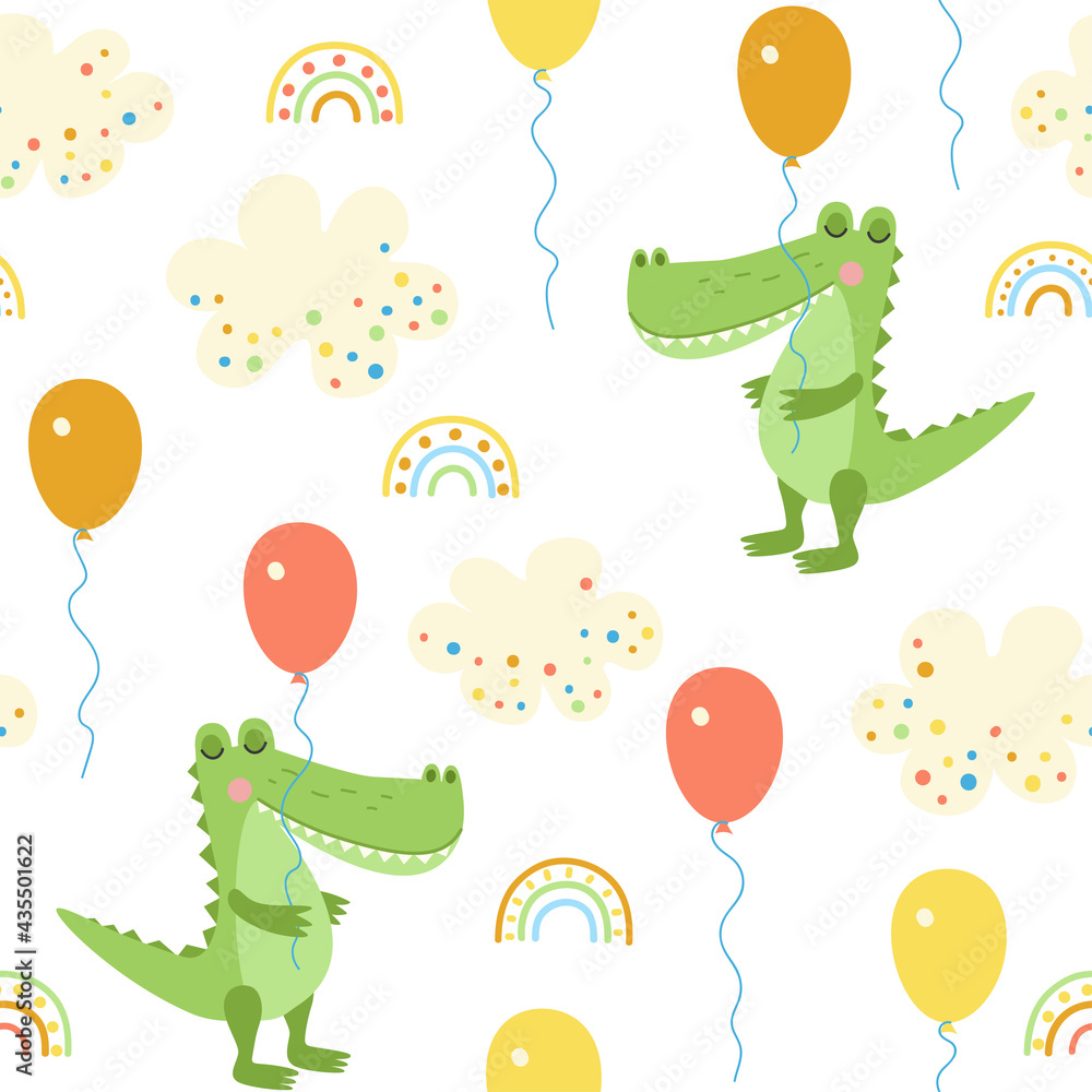 Obraz premium Seamless pattern with cartoon cute crocodile, balloons, rainbows. Baby textiles.