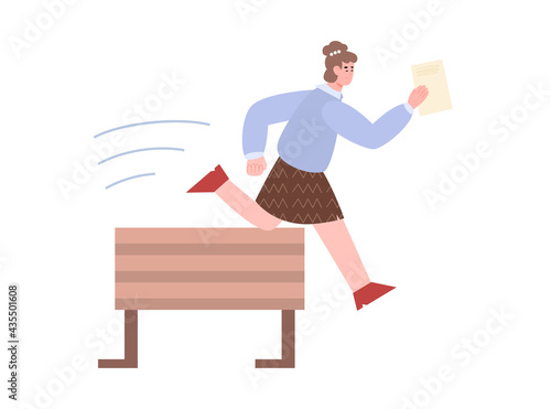 Business woman with document jumps over obstacle, vector illustration isolated.