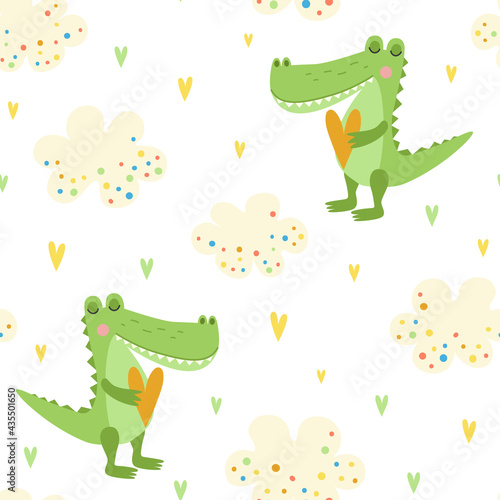 Seamless pattern with cute crocodiles  air clouds and hearts.