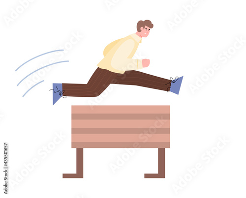 Man jumps over barrier with great effort, cartoon vector illustration isolated.