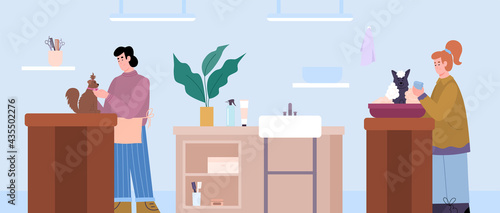 Pet wash and grooming service specialists, cartoon vector illustration.