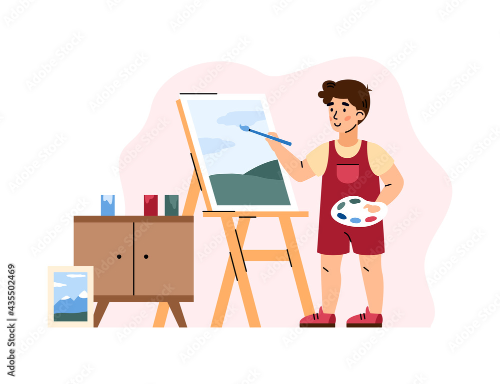 Child cartoon character painting on canvas, flat vector illustration isolated. Child cartoon character painting on canvas, flat vector illustration isolated.