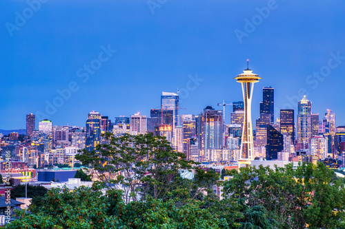 Seattle Cityscape with Mt. Rainier in the Background at Dusk, Washington