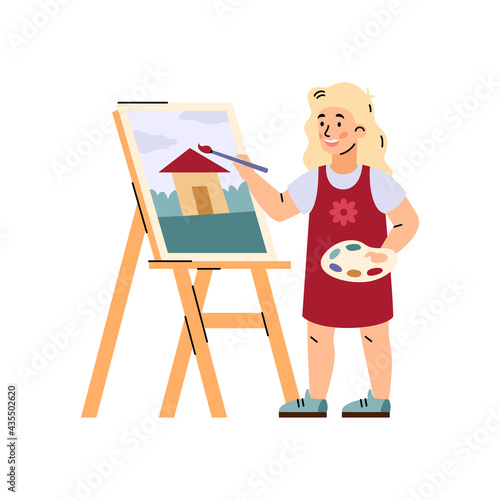 Little girl painting on canvas at easel, flat vector illustration isolated.