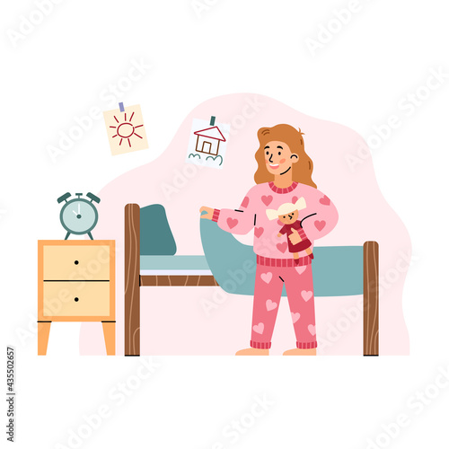Cute girl in pink pajama going to bed, cartoon vector illustration isolated.