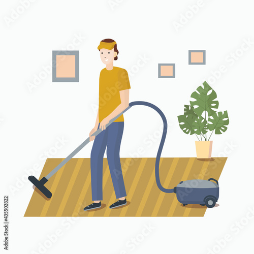 Professional cleaners, home cleaners and equipment cleaners. A man with a vacuum cleaner. House cleaning, cleaning lady and janitor. Cartoon vector isolated icon.