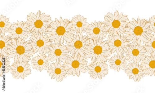 Seamless horizontal daisy border with bronze outline isolated on white background. Decorative vector design for wallpapers, packaging, textiles, trendy fabrics or other printable covers.