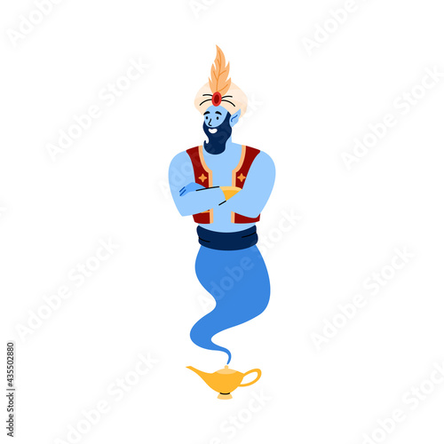 Magic genie at your service flying out lamp, flat vector illustration isolated.