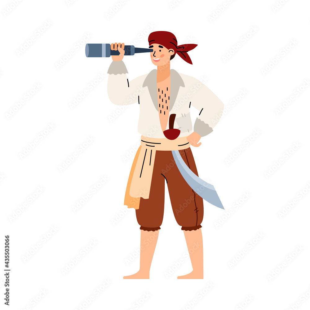 Captain buccaneer in pirate costume with saber in belt looks through a telescope. Captain buccaneer in pirate costume with saber in belt looks through a telescope.