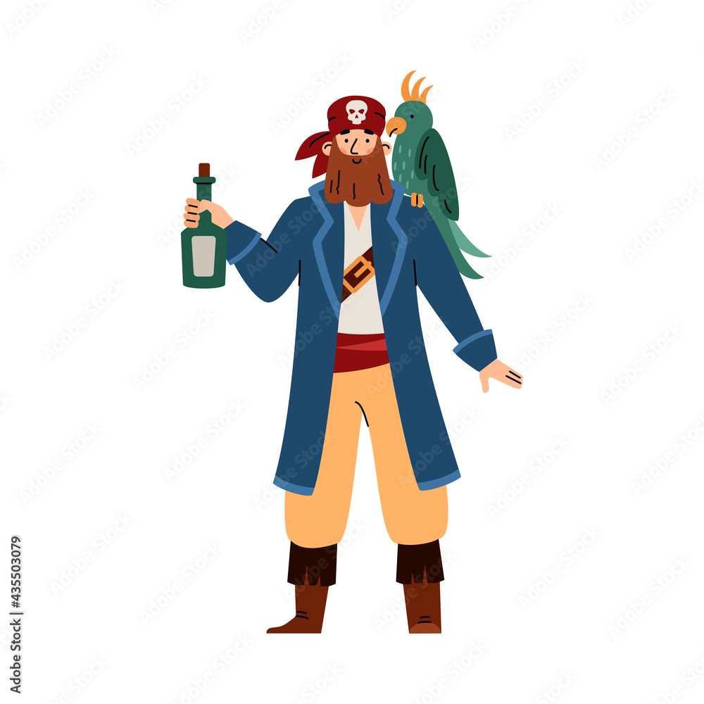 Funny pirate with parrot and bottle of rum flat vector illustration isolated.