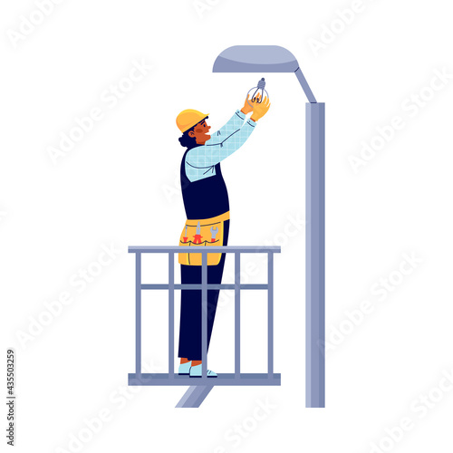 Power lineman or electric replaces bulb on post, vector illustration isolated.