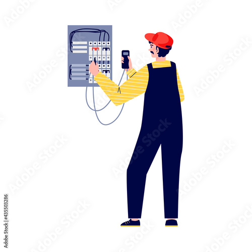 Electrician checks equipment to fix breakdown flat vector illustration isolated.