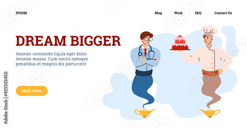 Web banner with professionals looking like genie, flat vector illustration.