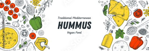 Hummus cooking and ingredients for hummus, sketch illustration. Middle eastern cuisine frame. Healthy food, design elements. Hand drawn, package design. Middle eastern food.