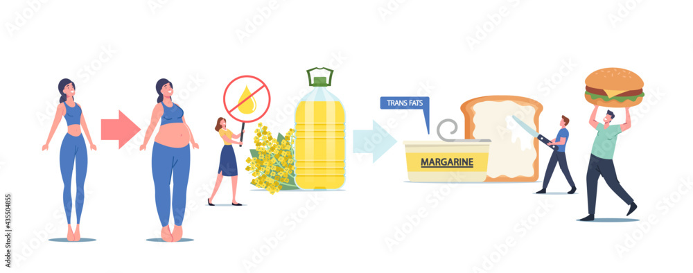 Tiny Characters Eating Trans Fats and Margarine, People Eat Fastfood, Rapeseed Oil, Toast with Spread, Unhealthy Eating Tiny Characters Eating Trans Fats and Margarine, People Eat Fastfood, Rapeseed Oil, Toast with Spread, Unhealthy Eating