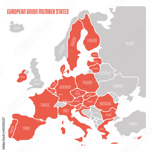 Simplified map of EU, European Union. Rounded shapes of states with smoothed border. Red simple flat vector map.