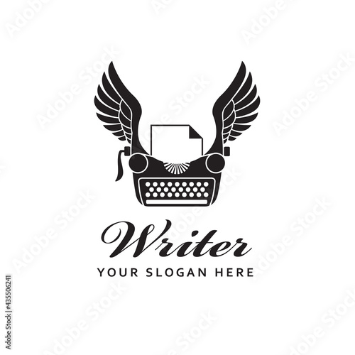 writer badge with typewriter and wings isolated on white background
