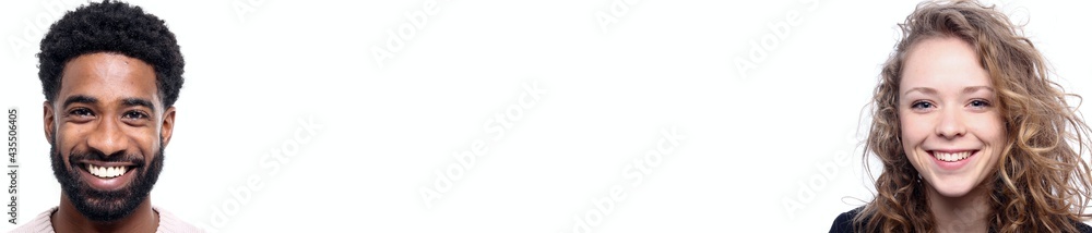 Two people in front of a white background with a white space in between
Two people in front of a white background with a white space in between