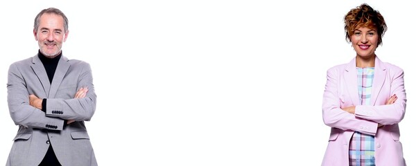 Two people in front of a white background with a white space in between
