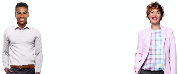 Two people in front of a white background with a white space in between
