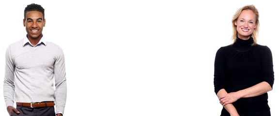 Two people in front of a white background with a white space in between
