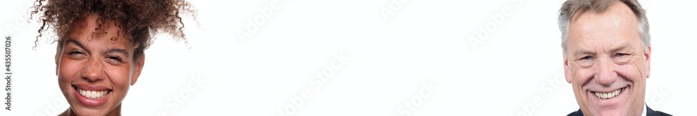 Two people in front of a white background with a white space in between
Two people in front of a white background with a white space in between