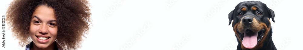 Love between woman and dog in front of a white background Love between woman and dog in front of a white background