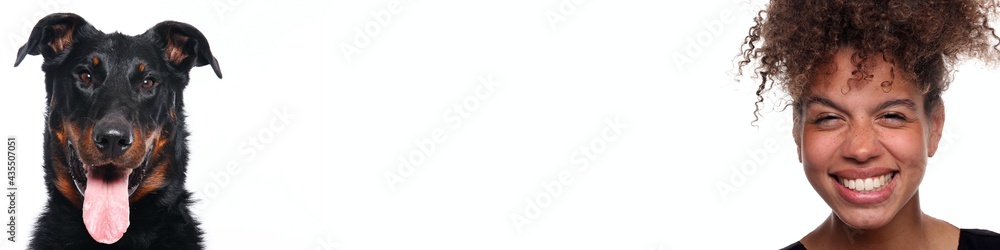 Love between woman and dog in front of a white background Love between woman and dog in front of a white background