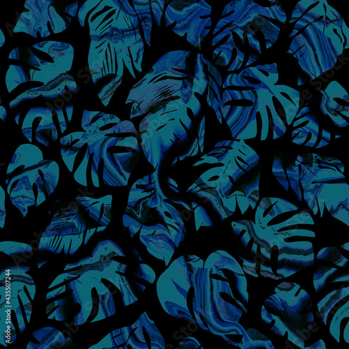Seamless pattern with dark mystical tropic forest with silhouettes of tropical leaves on fluid art transparent background. Apparel fabric, trendy package, wallpaper, accessories, clothe textile.