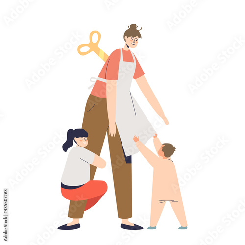 Mother burnout: sleepless female tired of two kids exhausted of parent routine and naughty children