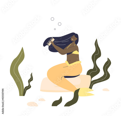 Magical mermaid brush long hair underwater. Mystery nymph with fishtail. Princess of seas