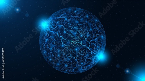 Energy discharge. Polygonal sphere with electricity. Construction of lines and dots. Blue background.