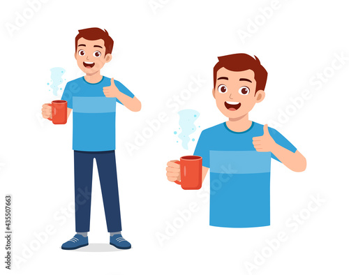 young good looking man drink coffee on glass