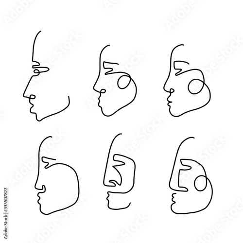 Abstract one line face profile collection. Aesthetic female heads set. Modern linear design illustration, element for logo design. Linear vector illustration.