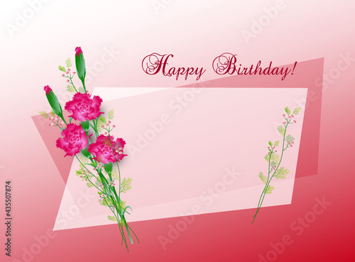 A bouquet of dianthus flowers on a red background with the inscription Happy Birthday! Beautiful greeting card template design  with place for text. 