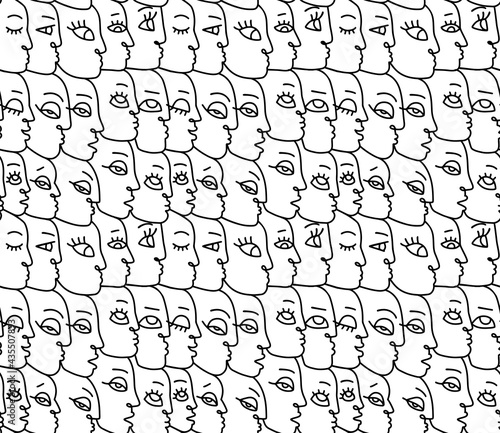 Linear drawing abstract faces seamless pattern. Modern aesthetic print  minimalism  contour line art. Continuous with people faces. Vector hand drawn illustration