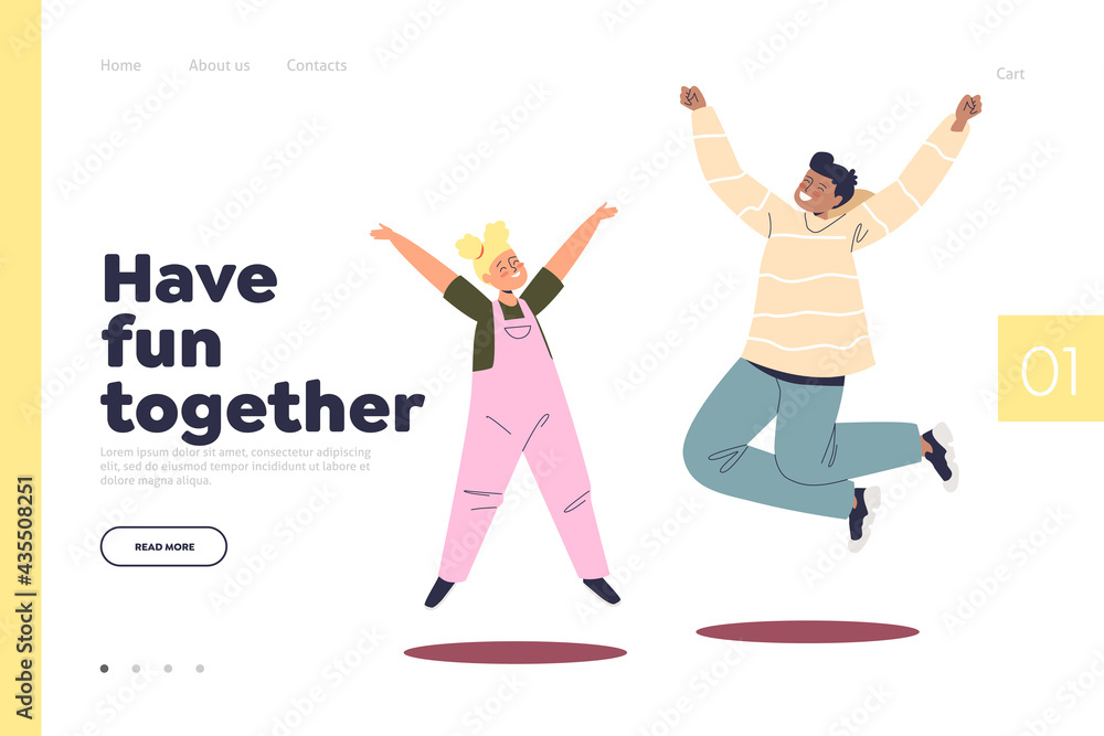 Have fun together concept of landing page with happy cheerful kids jumping up